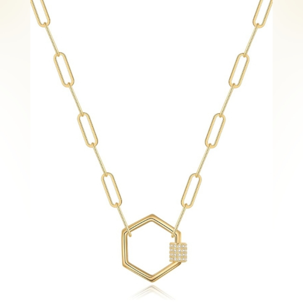 14K Gold Plated Elegant Gold Necklace with Geometric Hexagon Pendant